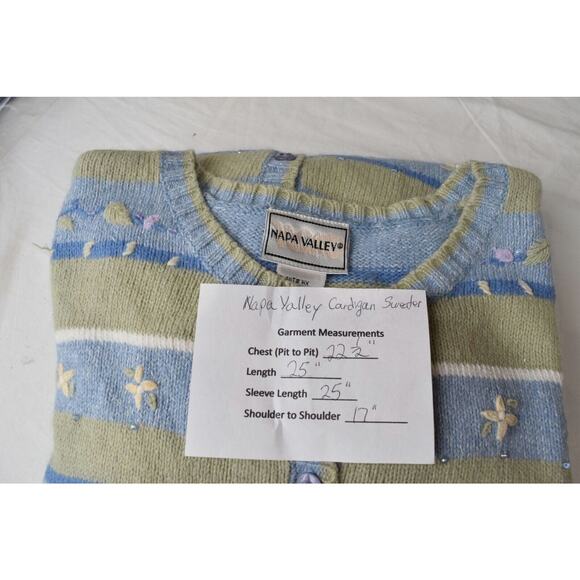 Napa Valley Cardigan Sweater Strips Embroidery Beading Green Blue Ramie Angora - Picture 11 of 11